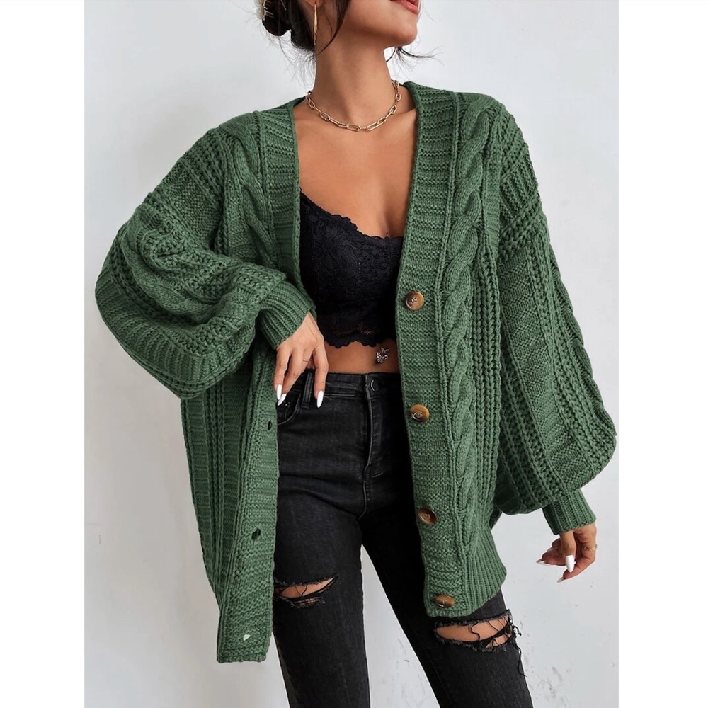 Rouge! Olive Green Chunky Cable Knit Button Cardigan